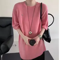 高端货~韩系中长款浣熊绒慵懒短袖针织衫秋季女洋气减龄显瘦上衣