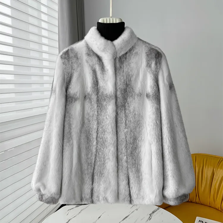 梵琴黛进口丹麦短款立领灯笼袖皇冠短二母貂气质时尚简约显瘦外套