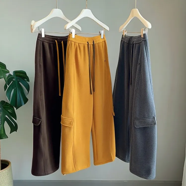 加厚奥粒绒阔腿两穿卫裤女冬2025新款松紧高腰垂感直筒休闲弯刀裤