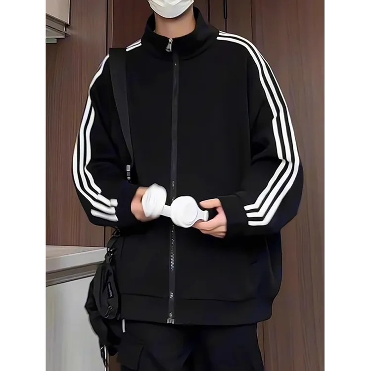 潮牌痞帅三条杠运动开衫卫衣外套男春秋立领棒球服开衫中性风套装