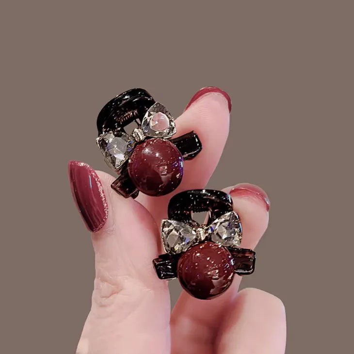 高级感精致蝴蝶结闪钻发抓复古红色豆豆小发抓公主头编发鲨鱼夹子