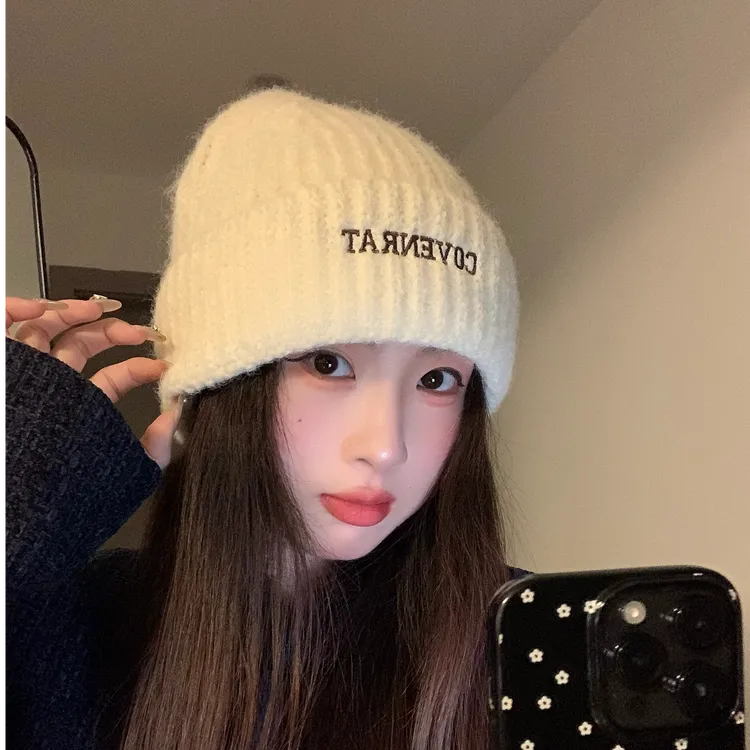 韩版百搭字母刺绣毛线帽子日常百搭保暖针织帽包头日系显脸小冷帽