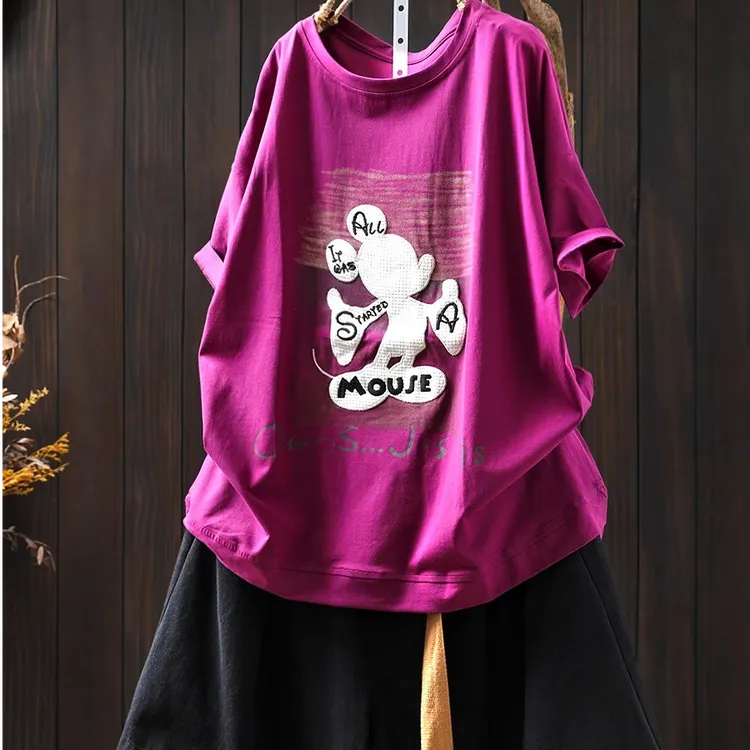 卡通贴布前短后长短袖t恤女设计感夏2025新个性休闲减龄宽松上衣