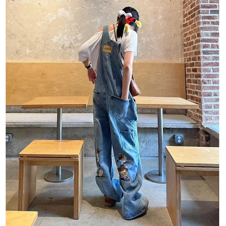 哈尼HONEY牛仔背带裤女春夏米奇卡通印花设计感宽松多口袋阔腿裤