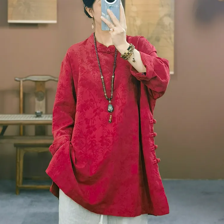 束心新中式秋装新款复古立领盘扣长袖衬衫高定亚麻提花中长款上衣