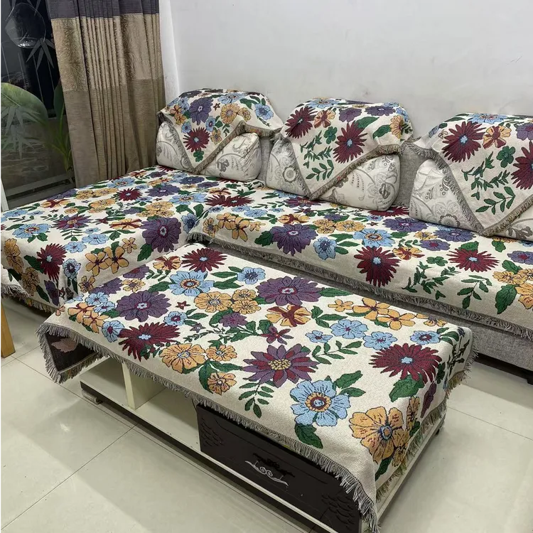 【加厚升级版】多用途流苏沙发巾螺纹编织亚麻沙发毯茶毯桌毯露营毯