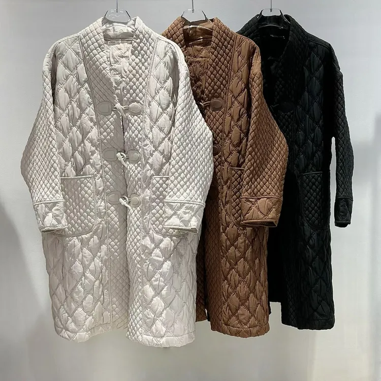 新款褶皱气质菱格纹牛角扣中长款棉服冬季女加厚保暖宽松时尚外套