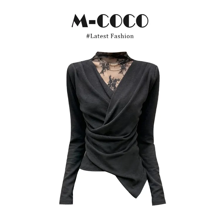 MARIE.COCO御姐范蕾丝半高领长袖T恤女秋冬收腰不规则打底衫上衣