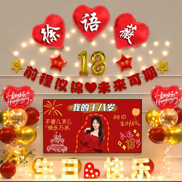 18岁成人礼生日快乐气球装饰品男女孩派对场景布置电视投屏背景墙