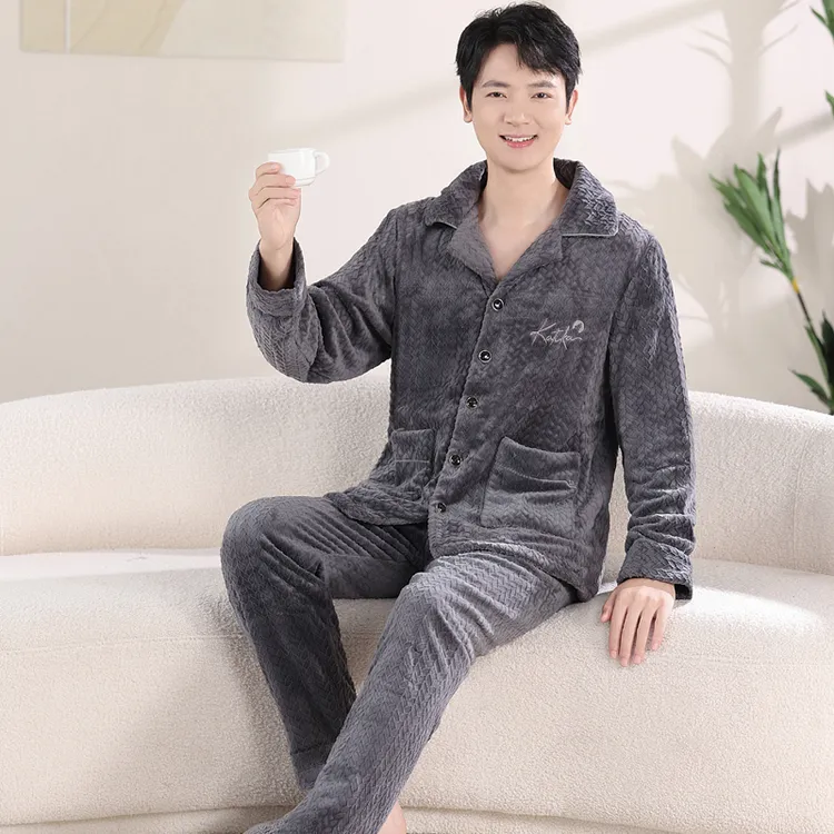休闲睡衣秋冬法兰绒加绒加厚大码纽扣保暖套装男士睡衣