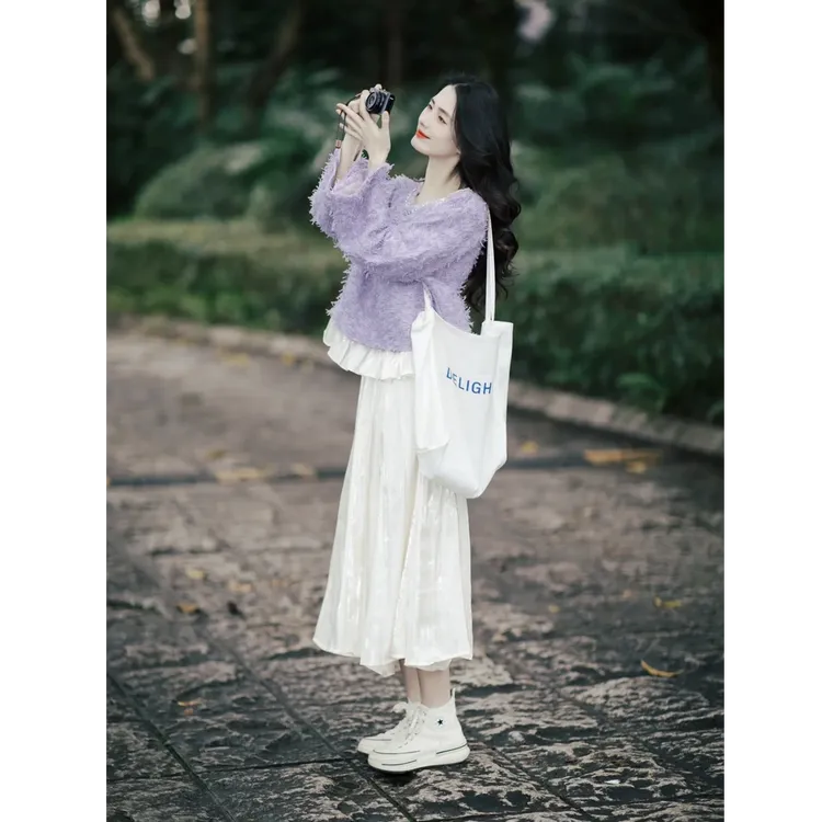 2025春季新款温柔风穿搭紫色毛衣上衣女搭配半身裙气质两件套装女