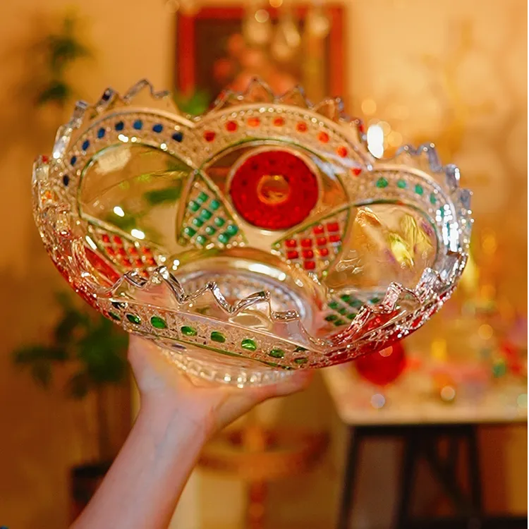 彩绘水晶玻璃大号水果盘零食盘家用桌面摆件