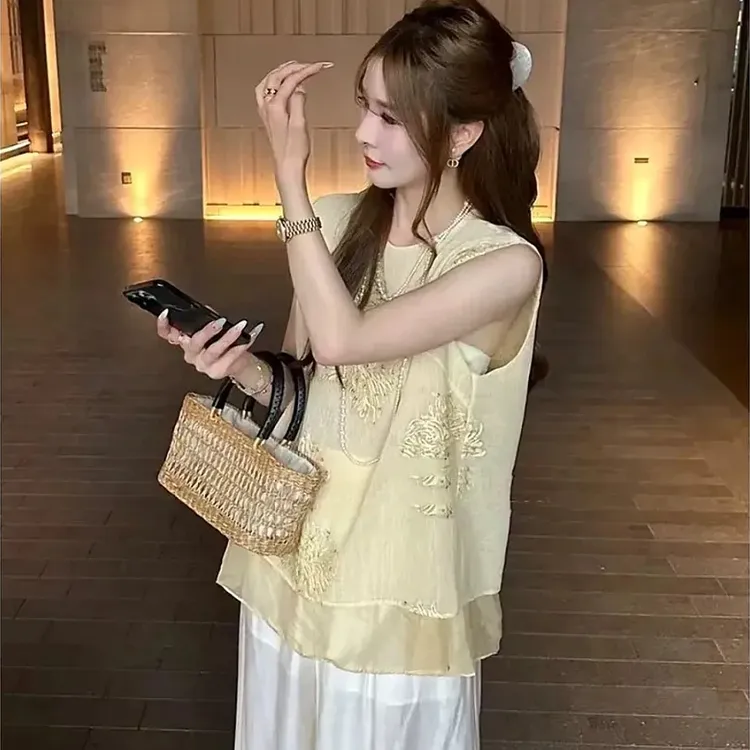【小肚子消失术】女士大码背心重工刺绣抓花工艺无袖国风上衣女夏季