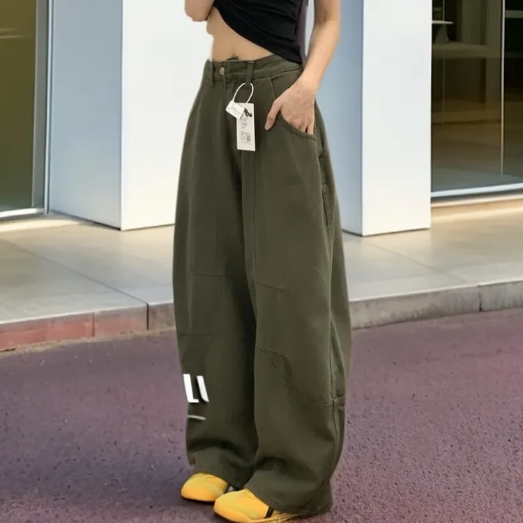 GiftPalm绿色美式街舞军弯刀阔腿工装牛仔裤小个子宽松拖地裤显瘦