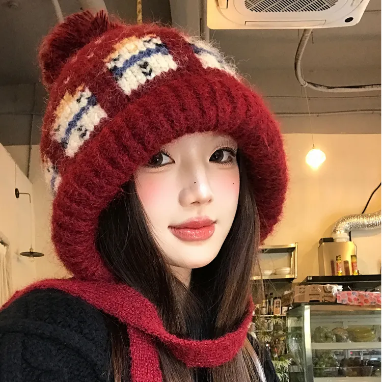 费尔岛红色雪人提花针织帽子女冬季加厚保暖防寒护耳大头围毛线帽