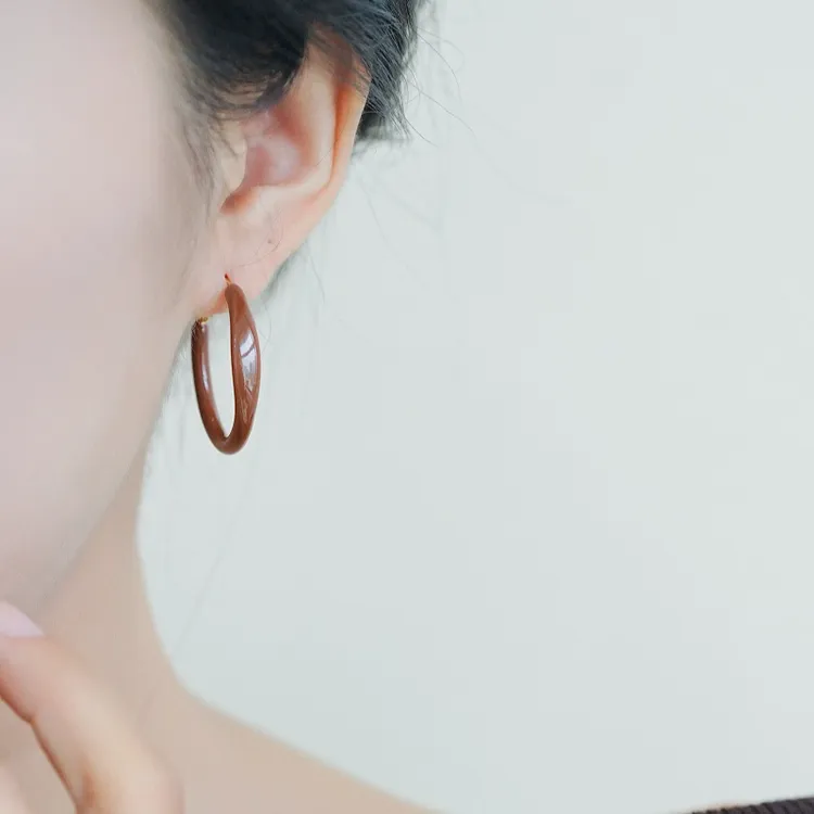 铜合金耳饰 美拉德咖色扁圆耳圈耳环女高级秋冬耳钉2025新款素圈