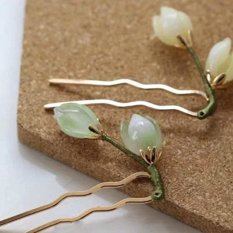 古风郁金香琉璃U型发簪2025新款新中式盘发钗简约现代簪子u型发簪