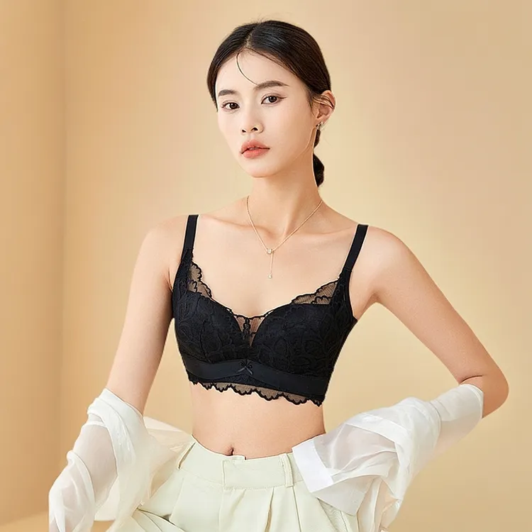 桑蚕丝聚拢文胸调整型透气薄款蕾丝内衣舒适花瓣胸罩