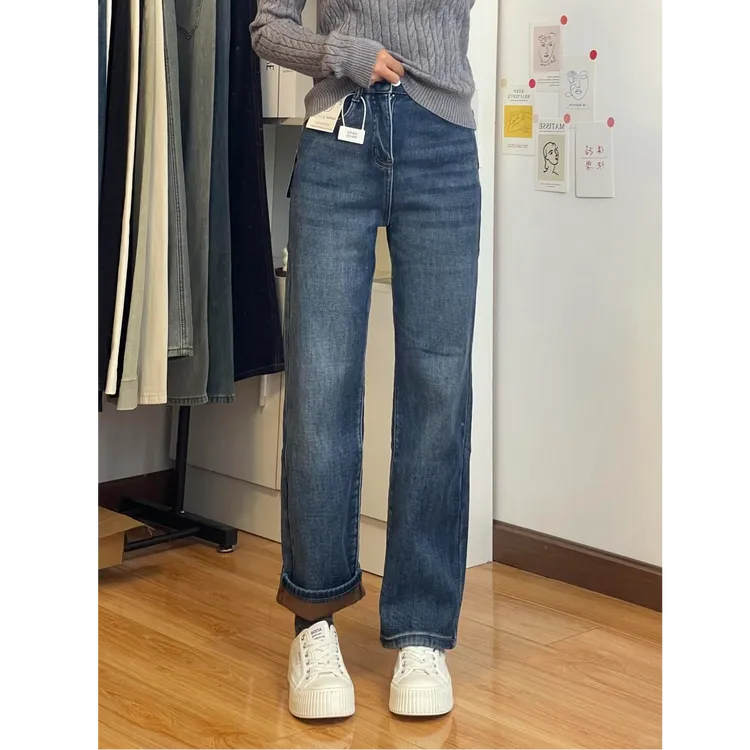 秋冬加绒复古蓝窄版阔腿牛仔裤女弹力高腰显瘦小个子拖地裤直筒裤