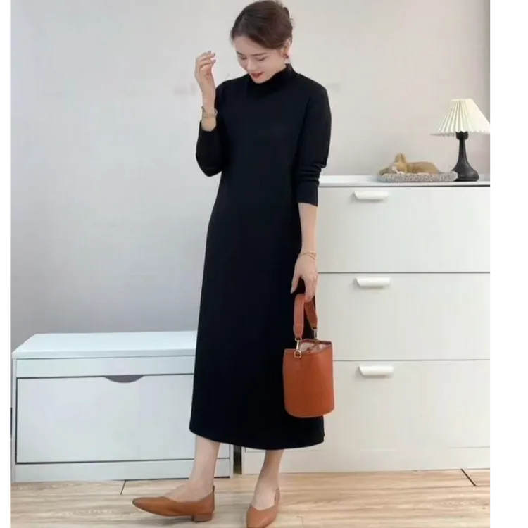【加绒加厚】秋冬极简风连衣裙百搭宽松中长款长袖半高领打底小黑裙