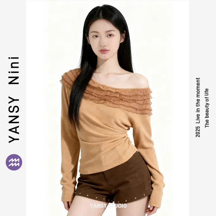 YANSY Nini香软美神早秋网纱拼接斜肩小衫显瘦时尚显气质氛围感
