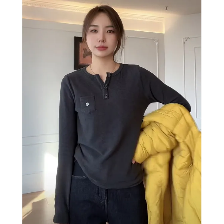 【余欢欢】冬季休闲百搭时尚保暖半扣圆领长袖T恤-YHW51139