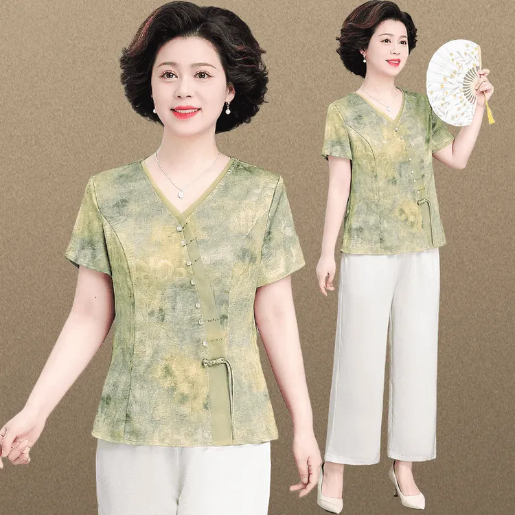 母亲节妈妈夏装套装中老年人夏季短袖t恤女奶奶夏天上衣服两件套
