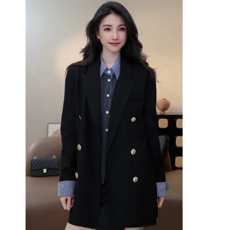 高级灰轻奢款灰色西装经典设计师翻领秋冬复古双排扣宽肩西服863