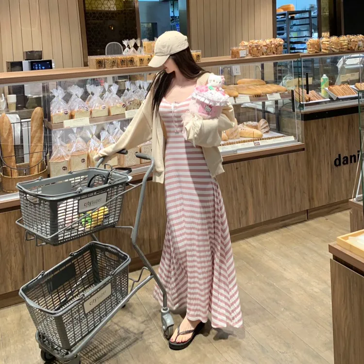 韩系条纹吊带连衣裙女秋季2025新款修身内搭长裙长袖开衫外套套装