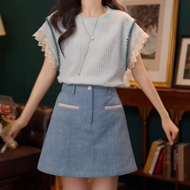 【半湾海】休闲百搭短袖衬衫女夏季上衣+百搭显瘦裤裙LK2503642