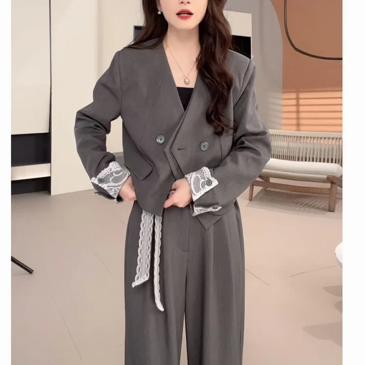 大码高级感西装套装女春季新款小个子休闲显瘦外套阔腿长裤两件套