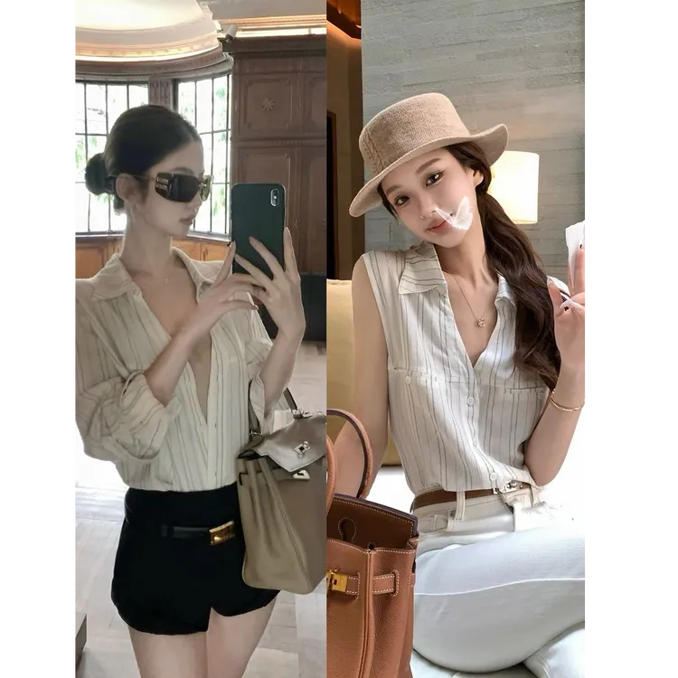 优秀的金蘑菇 无袖/长袖版本 老钱风麻感衬衫女夏条纹衬衣气质
