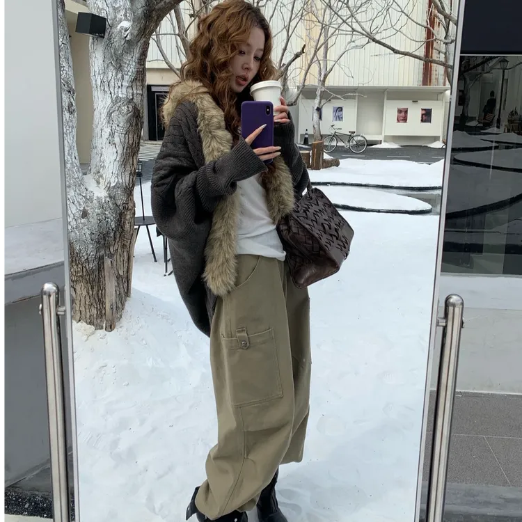 美式辣妹毛领长袖针织毛衣开衫女秋冬慵懒设计高级感小众复古外套