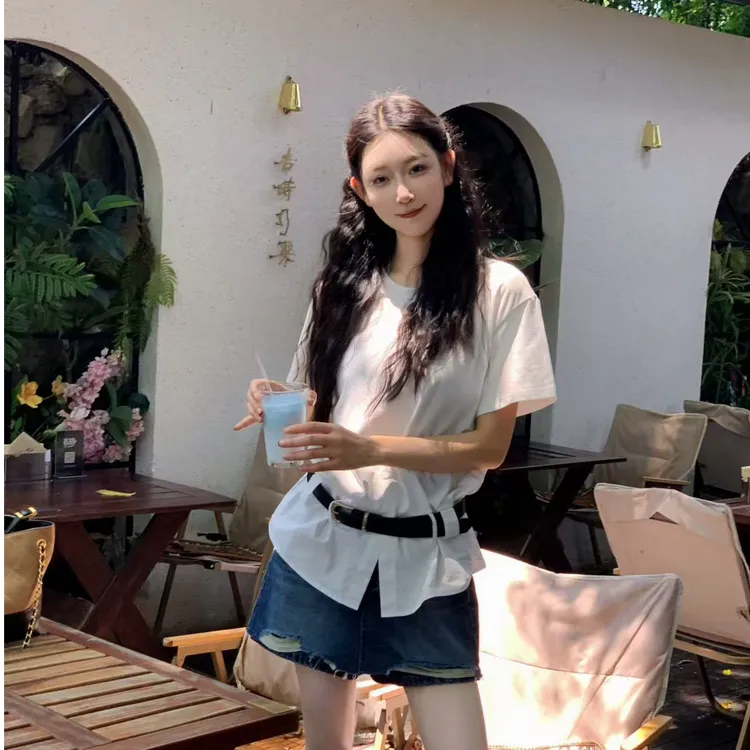 OUDOCKEE 鸥鸥 【100棉】腰带上衣 收腰轻奢显瘦短袖 T2503E454T
