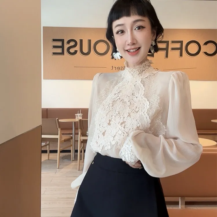 XIAOBAI 法式蕾丝衬衫秋季休闲拼接长袖衬衣百搭镂空薄款洋气上衣