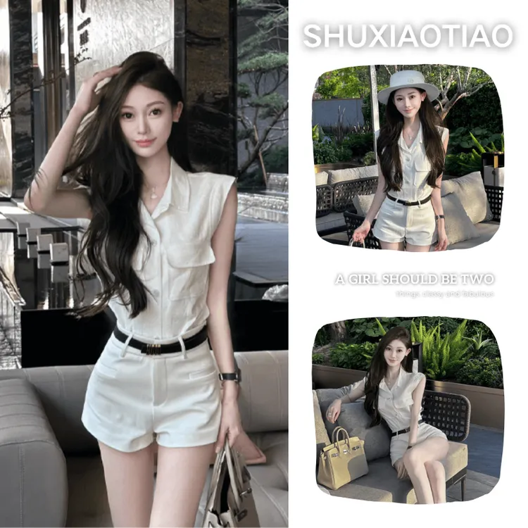 夏季超火两件套2025年新款韩系老钱风气质无袖衬衫腰带短裤两件套