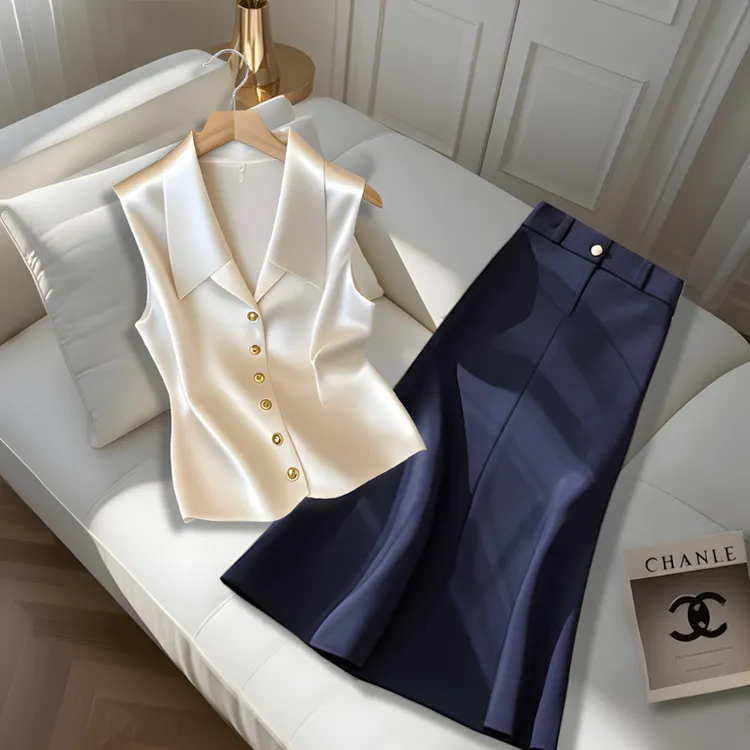 法式气质v领无袖缎面马甲背心女2025夏季时尚百搭深色半身裙套装