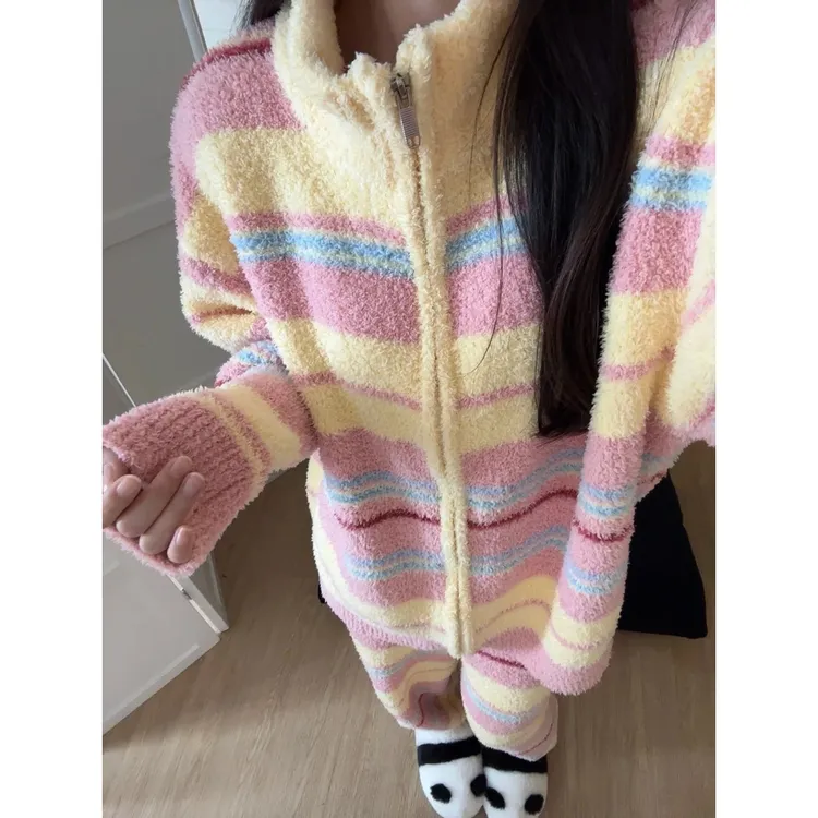 韩版多巴胺奶呼呼条纹时尚半边绒睡衣女秋冬款长袖长裤家居服套装