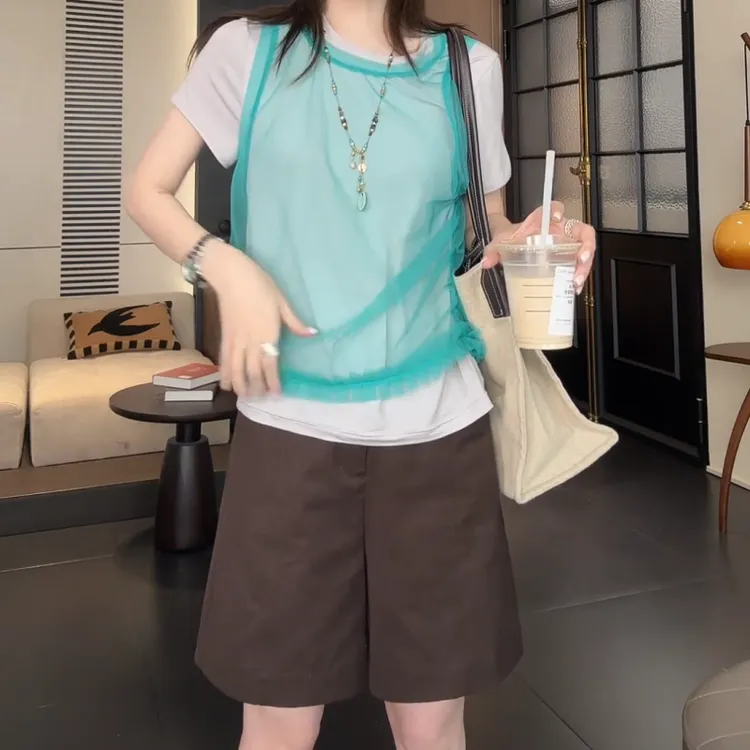 时尚休闲百搭显瘦网纱背心两件套短袖T恤+休闲裤LK2504341