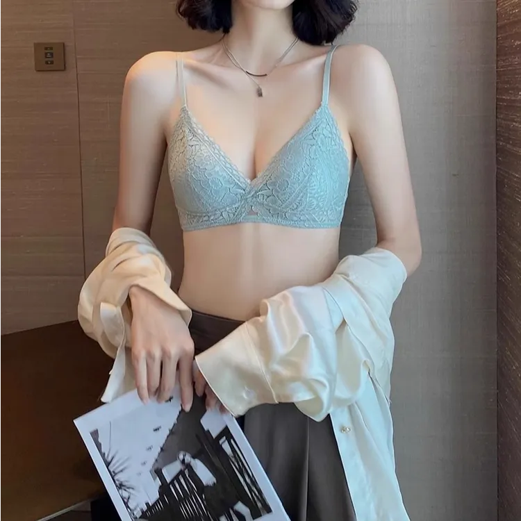 法式内衣女小胸平胸专用薄款无钢圈纯欲蕾丝性感三角杯文胸罩bra