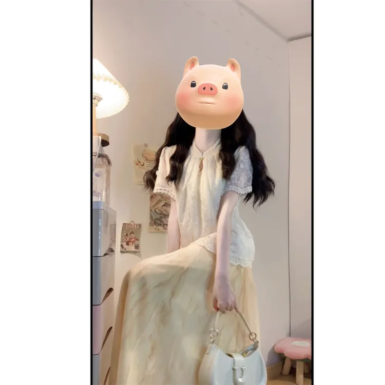 大码夏季新中式国风钩花蕾丝拼接短袖晕染半身裙洋气高级感穿搭仙