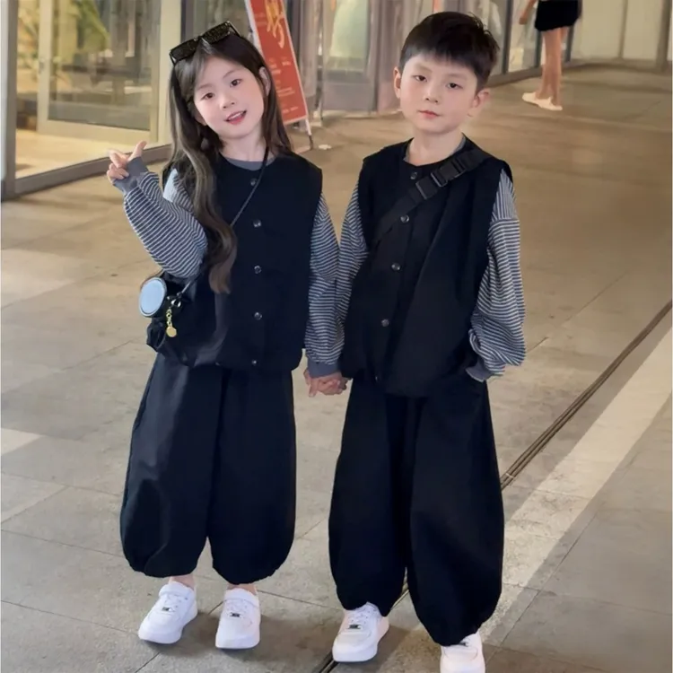 女童秋装套装2025新款儿童韩系穿搭大童女孩春秋款网红背心三件套