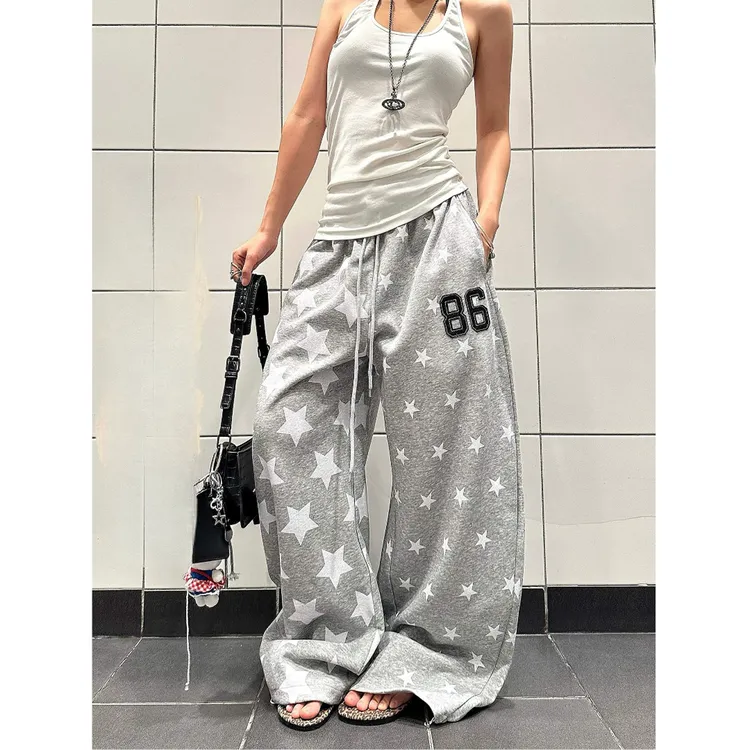 美式复古星星满印松紧腰卫裤男女宽松休闲阔腿百搭抽绳长裤