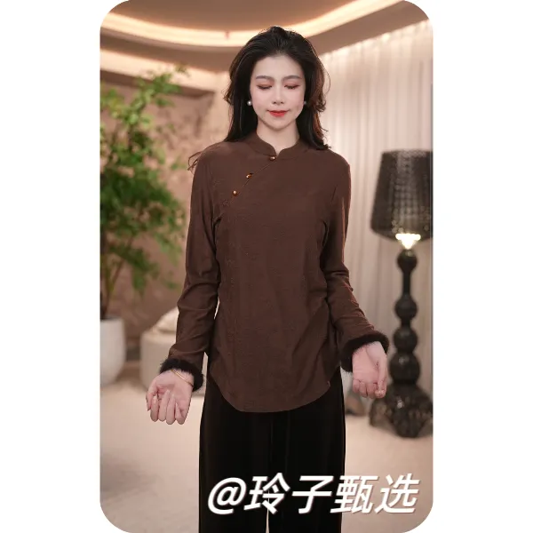 玲子自制（浮雕内搭）水貂毛！原版！新中式气质百搭高定加绒上衣