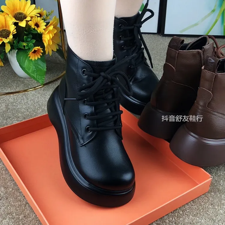 牛皮马丁靴女秋冬季新款真皮圆头松糕厚底加绒女靴短靴系带棉靴子