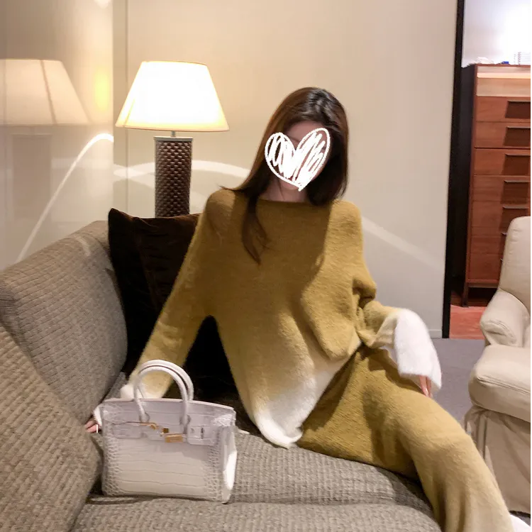 秋日旧约 温柔渐变针织毛衣套装长袖上衣+半身裙两件套女秋00669