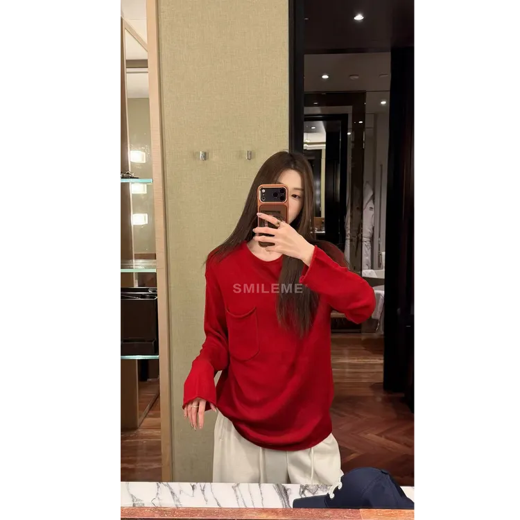 SMILEME【云鬓花颜】秋冬羊毛混纺口袋设计圆领毛针织衫MK12825411