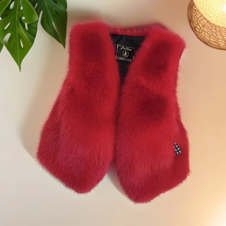 秋冬款狐狸毛皮草马甲仿毛短款女正品多巴胺圣诞红色小个子小香风