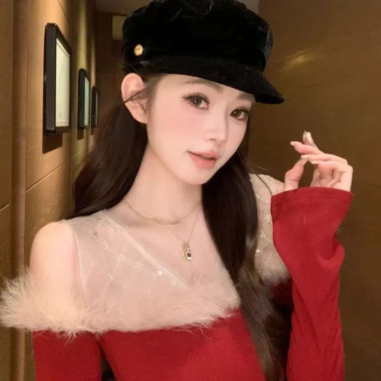 秋冬气质时尚修身显瘦毛绒拼接蕾丝上衣搭配短裙  F1282