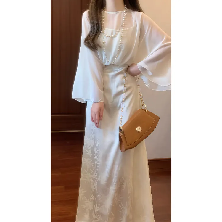 2025早秋季女装竹叶暗纹提花显贵气质假两件连衣裙禅意长裙9689